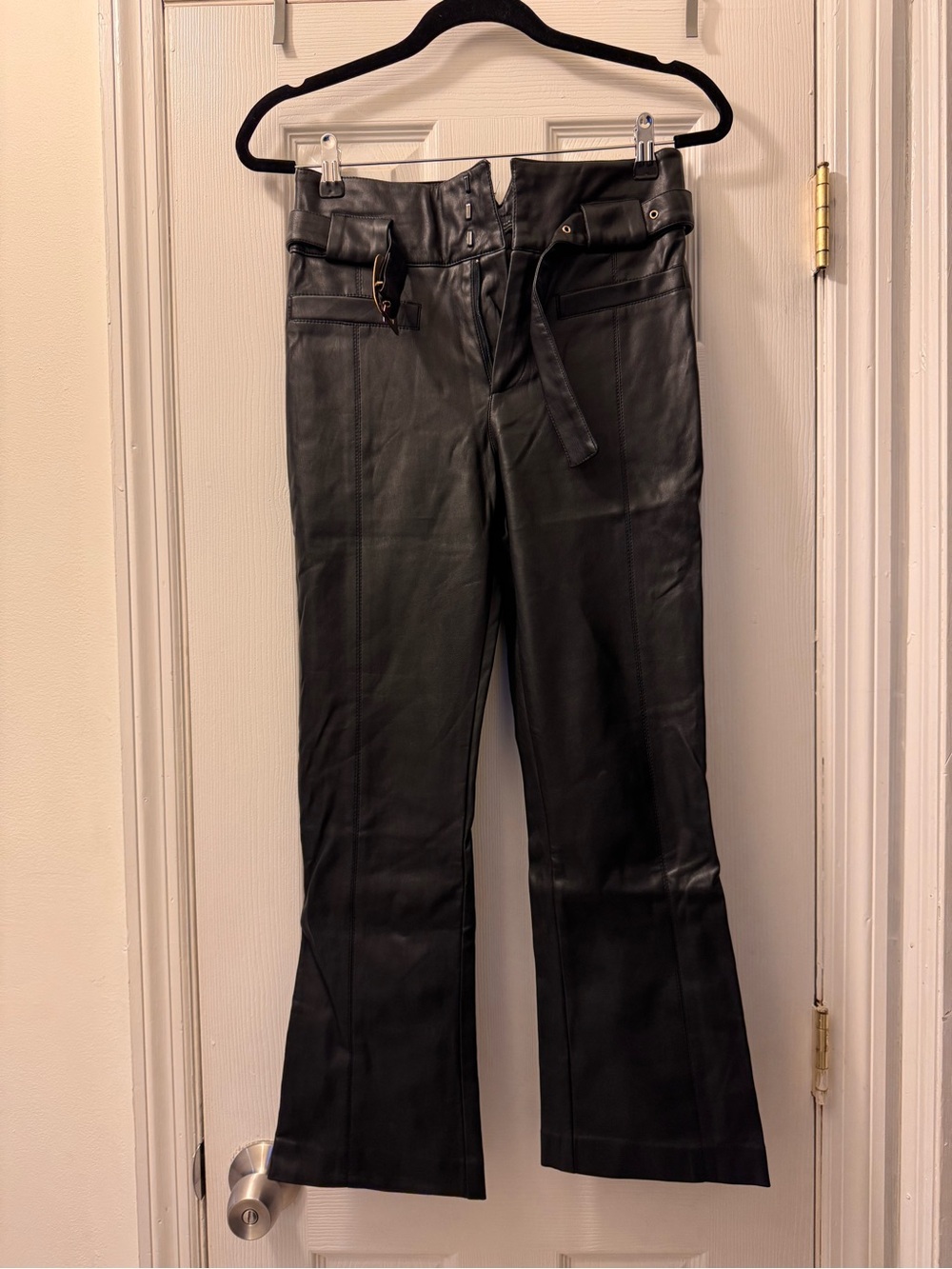 Zara Black Faux Leather Boot-Cut Trousers with Belt